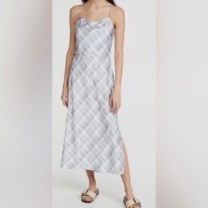 Vince HAZY PLAID COWL NECK STRETCH SATIN SLIP MIDI DRESS POWDER BLU